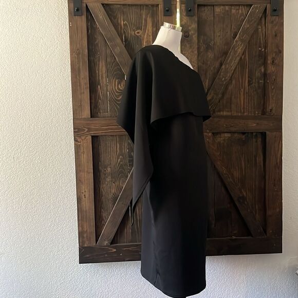 Elegant One Shoulder Layered Irregular Sleeve Black  Midi Dress - Picture 6 of 13